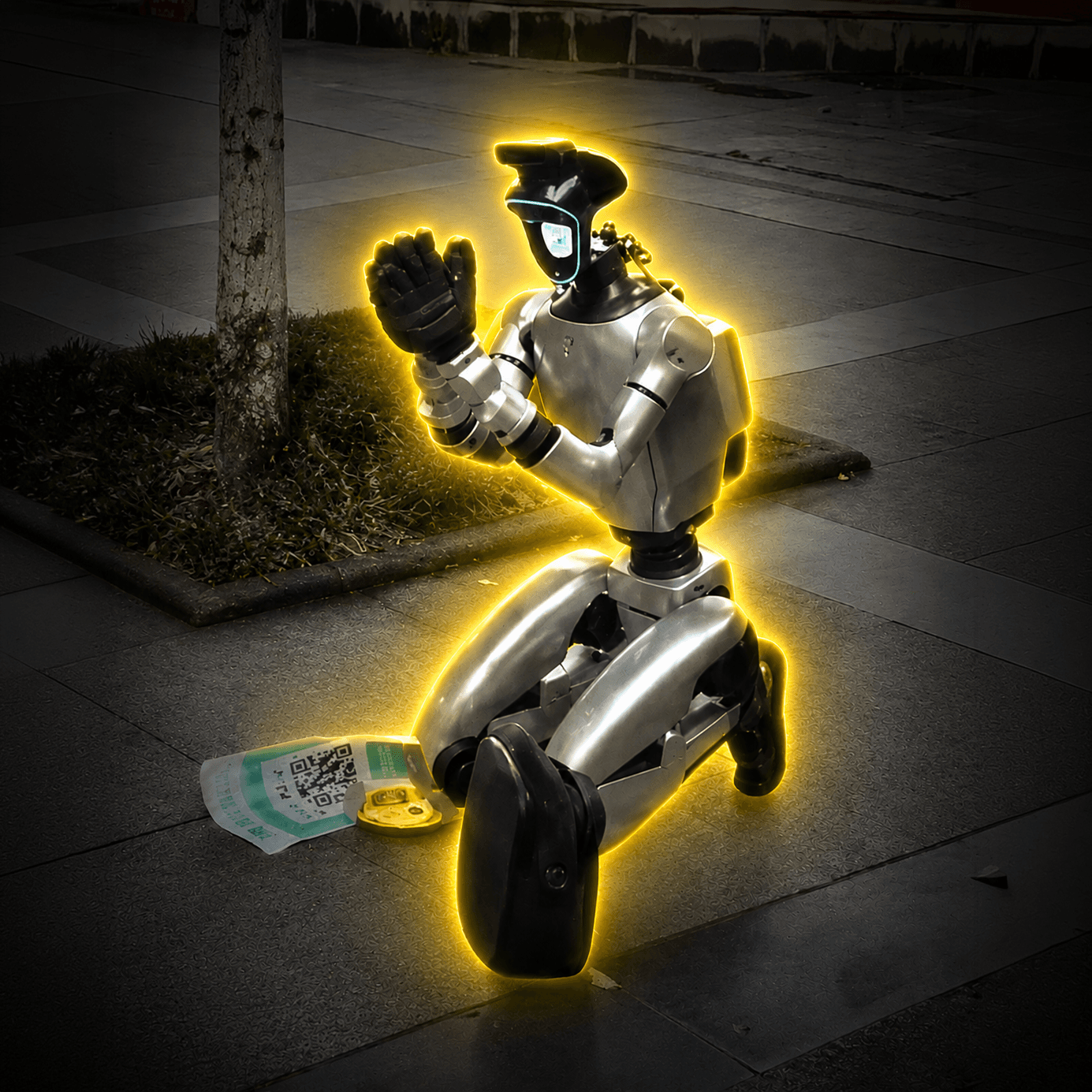 A humanoid robot kneeling and begging on a tiled sidewalk in China